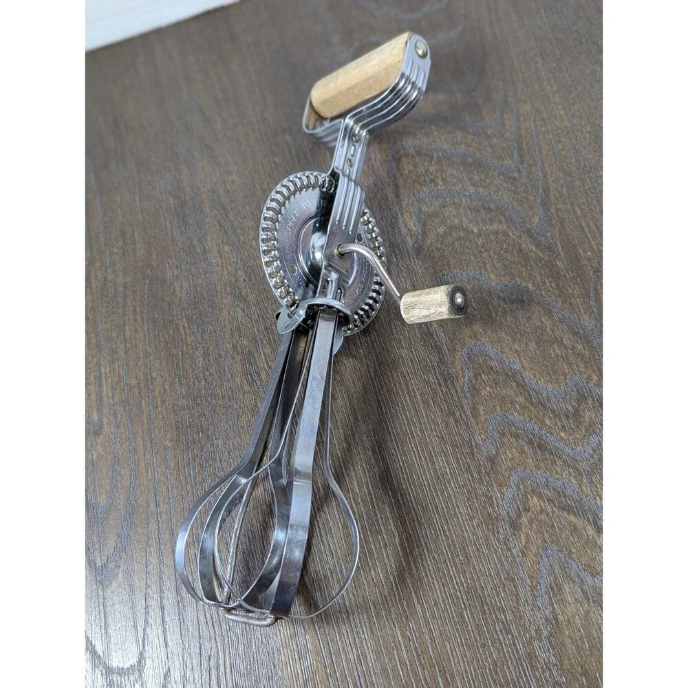 VTG A&J EKCO Hand Mixer Egg Beater Made in USA Wood Handle 12in Stainless Steel